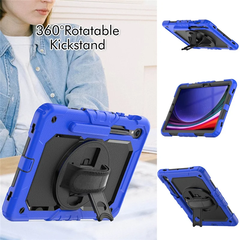 For Samsung Galaxy Tab S10 Lite / S10 FE / S9 FE SM-X510 SM-X516B PC+Silicone Kickstand Tablet Cover with Hand Strap - Black+Dark Blue
