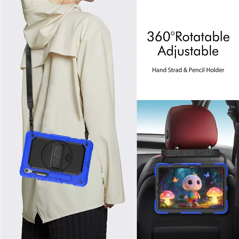 For Samsung Galaxy Tab S10 Lite / S10 FE / S9 FE SM-X510 SM-X516B PC+Silicone Kickstand Tablet Cover with Hand Strap - Black+Dark Blue
