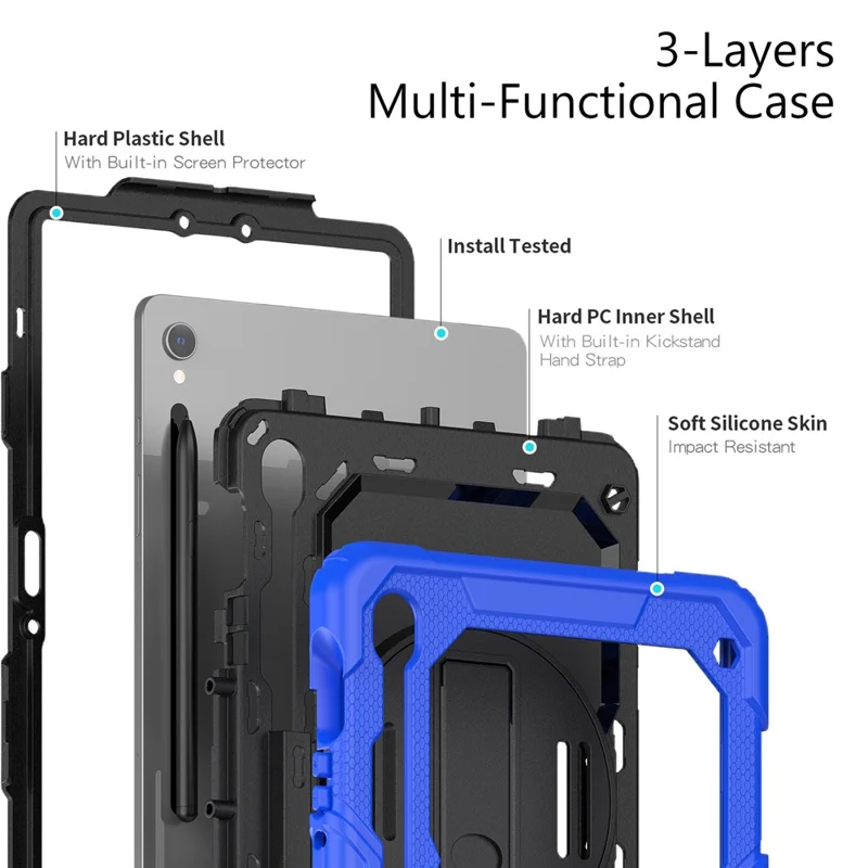 For Samsung Galaxy Tab S10 Lite / S10 FE / S9 FE SM-X510 SM-X516B PC+Silicone Kickstand Tablet Cover with Hand Strap - Black+Dark Blue