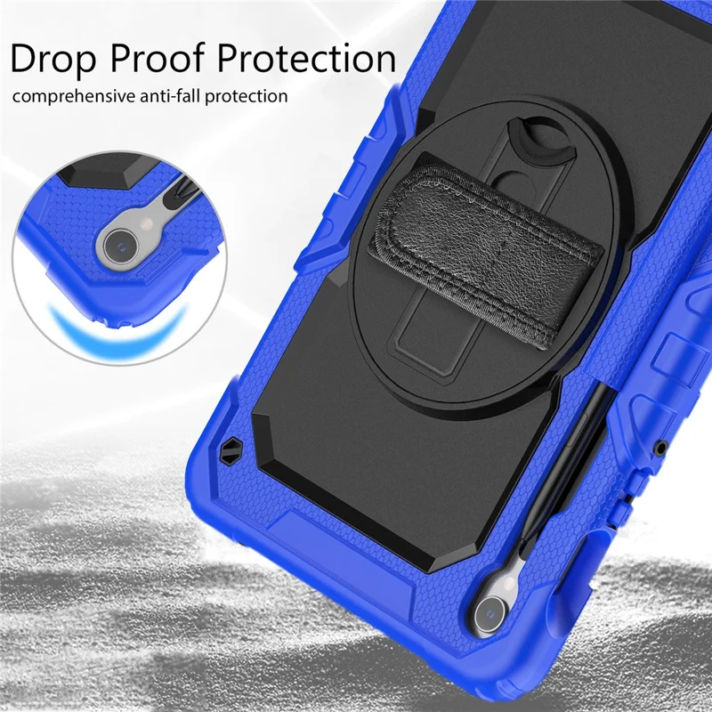 For Samsung Galaxy Tab S10 Lite / S10 FE / S9 FE SM-X510 SM-X516B PC+Silicone Kickstand Tablet Cover with Hand Strap - Black+Dark Blue
