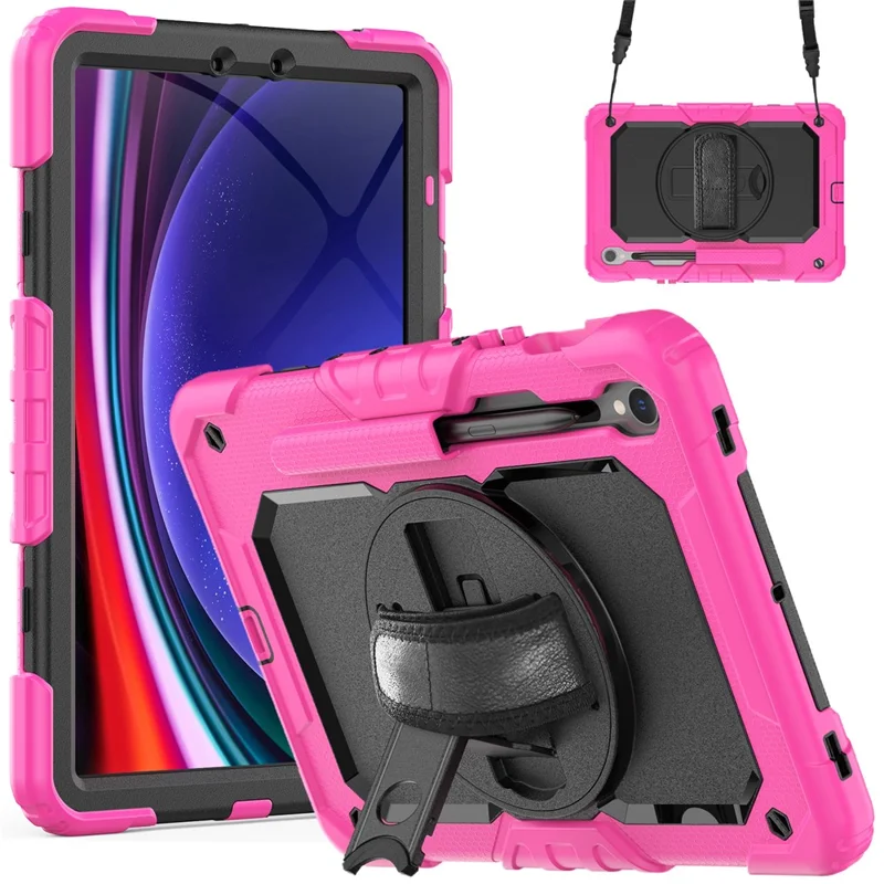 For Samsung Galaxy Tab S10 Lite / S10 FE / S9 FE SM-X510 SM-X516B PC+Silicone Kickstand Tablet Cover with Hand Strap - Black+Rose