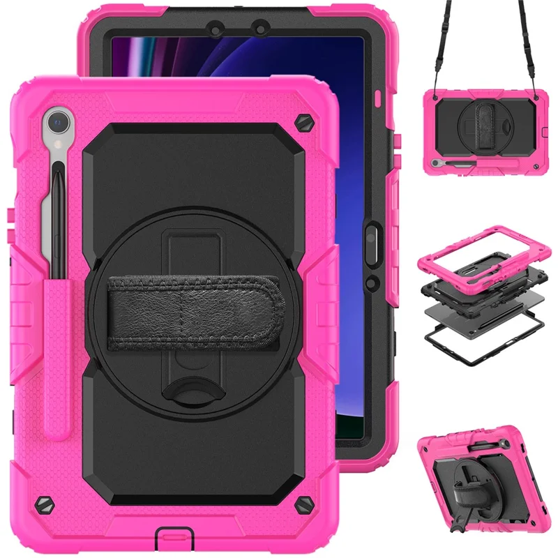 For Samsung Galaxy Tab S10 Lite / S10 FE / S9 FE SM-X510 SM-X516B PC+Silicone Kickstand Tablet Cover with Hand Strap - Black+Rose