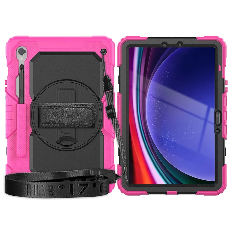 For Samsung Galaxy Tab S10 Lite / S10 FE / S9 FE SM-X510 SM-X516B PC+Silicone Kickstand Tablet Cover with Hand Strap - Black+Rose