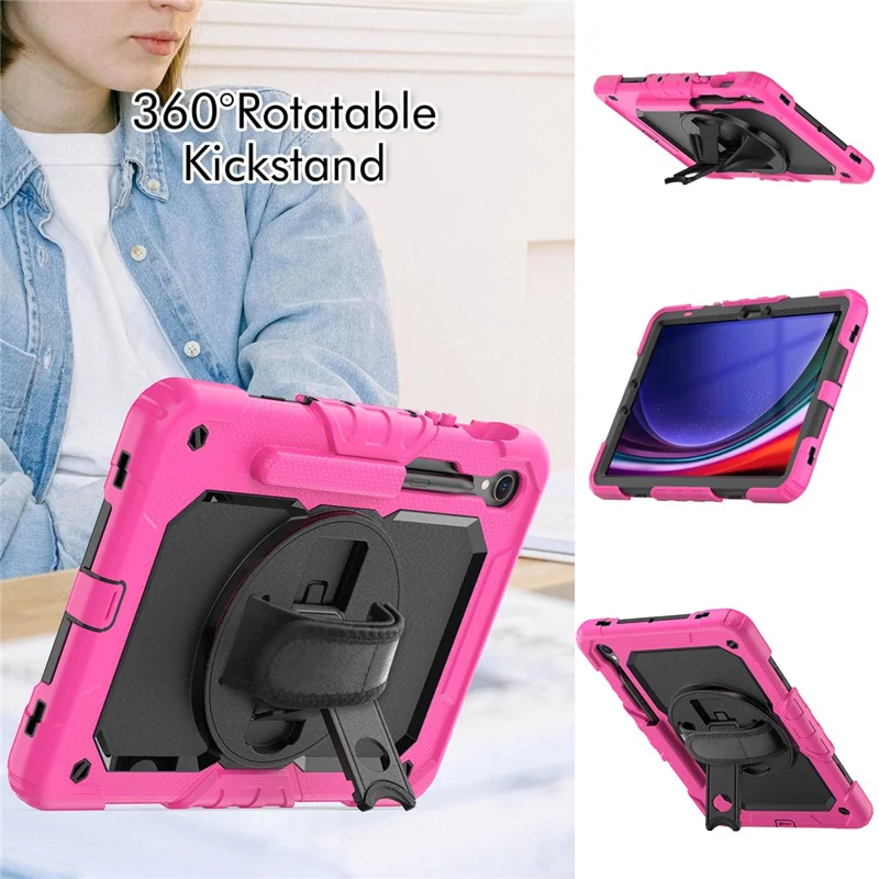 For Samsung Galaxy Tab S10 Lite / S10 FE / S9 FE SM-X510 SM-X516B PC+Silicone Kickstand Tablet Cover with Hand Strap - Black+Rose