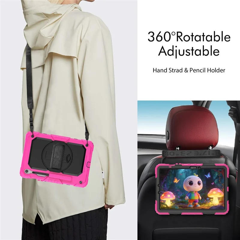 For Samsung Galaxy Tab S10 Lite / S10 FE / S9 FE SM-X510 SM-X516B PC+Silicone Kickstand Tablet Cover with Hand Strap - Black+Rose