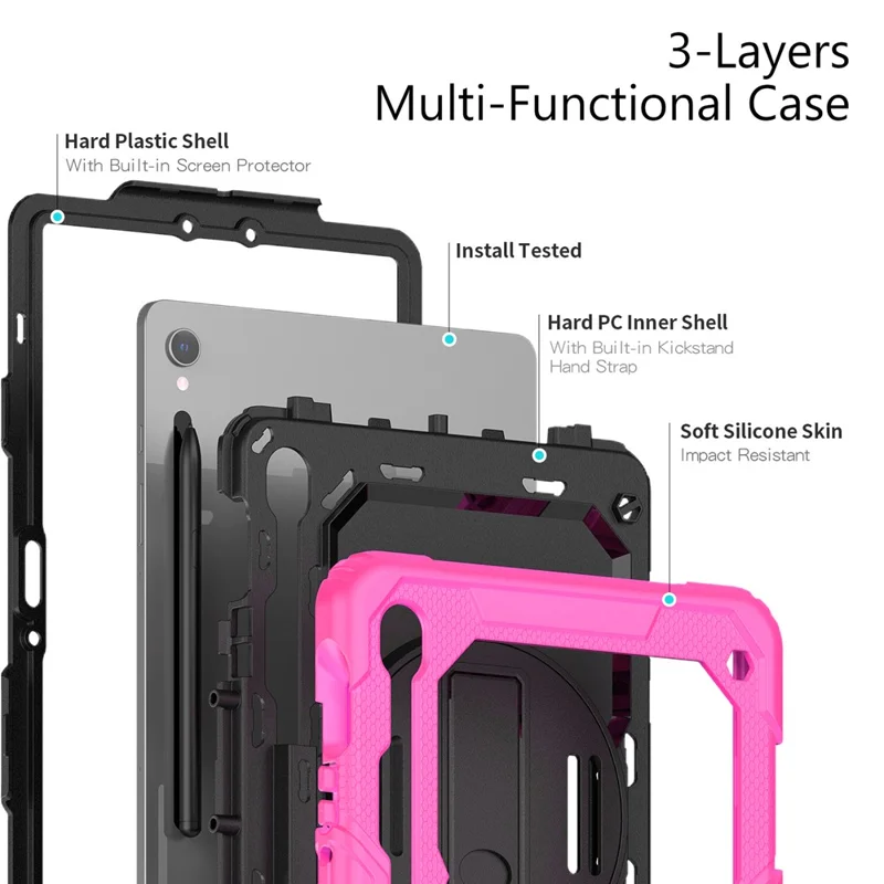 For Samsung Galaxy Tab S10 Lite / S10 FE / S9 FE SM-X510 SM-X516B PC+Silicone Kickstand Tablet Cover with Hand Strap - Black+Rose