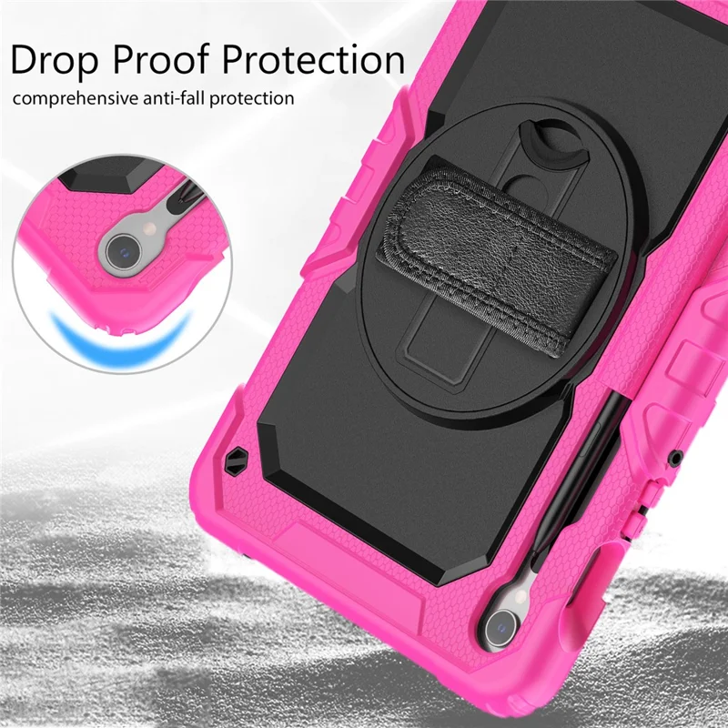For Samsung Galaxy Tab S10 Lite / S10 FE / S9 FE SM-X510 SM-X516B PC+Silicone Kickstand Tablet Cover with Hand Strap - Black+Rose