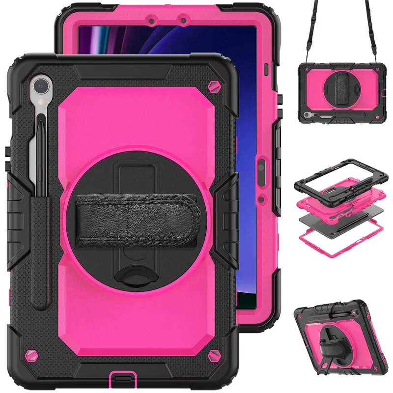 Cover per Samsung Galaxy Tab S9 FE SM-X510 SM-X516B con supporto, in PC+Silicone, Proteggi Schermo PET e Cinturino da Polso - Rosa+Nero