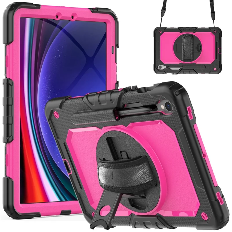 Cover per Samsung Galaxy Tab S9 FE SM-X510 SM-X516B con supporto, in PC+Silicone, Proteggi Schermo PET e Cinturino da Polso - Rosa+Nero