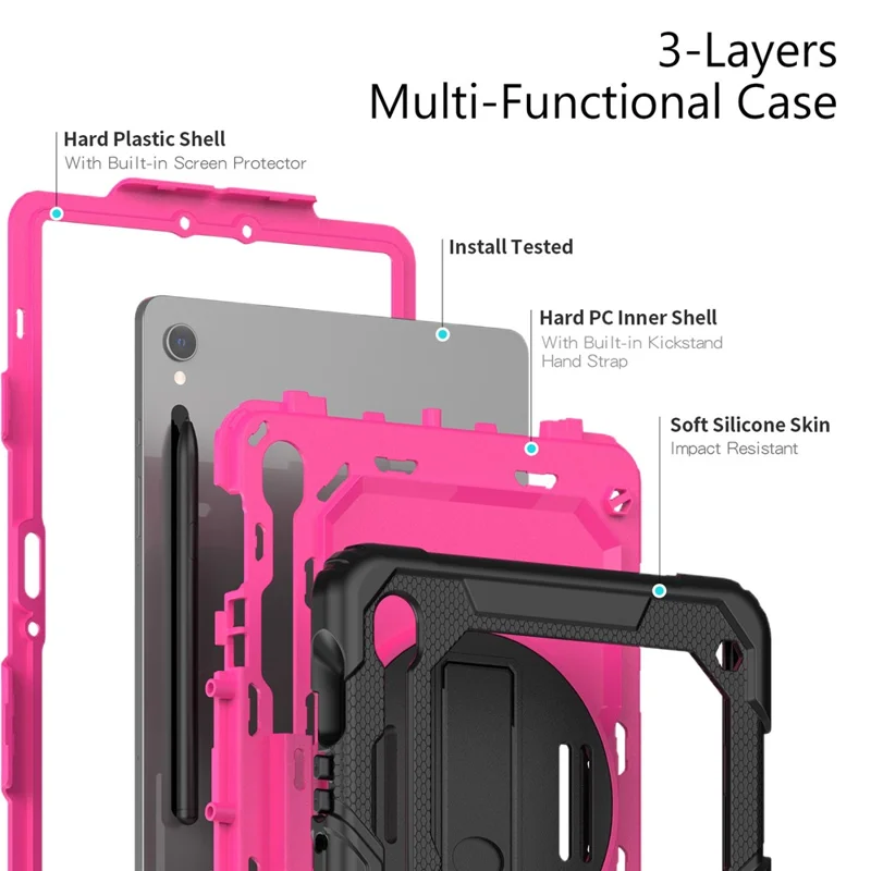 Cover per Samsung Galaxy Tab S9 FE SM-X510 SM-X516B con supporto, in PC+Silicone, Proteggi Schermo PET e Cinturino da Polso - Rosa+Nero