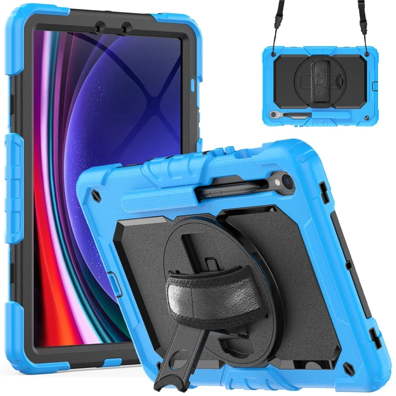 For Samsung Galaxy Tab S10 Lite / S10 FE / S9 FE SM-X510 SM-X516B PC+Silicone Kickstand Tablet Cover with Hand Strap - Black+Blue