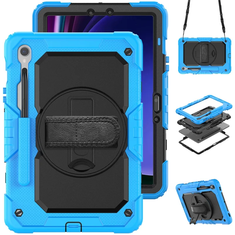 For Samsung Galaxy Tab S10 Lite / S10 FE / S9 FE SM-X510 SM-X516B PC+Silicone Kickstand Tablet Cover with Hand Strap - Black+Blue