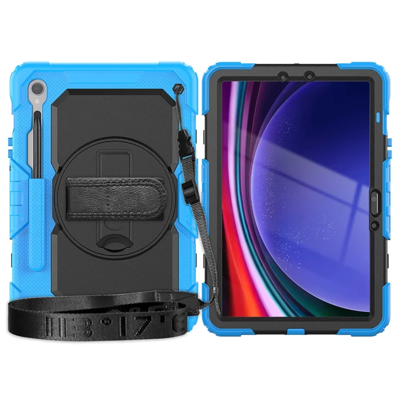 For Samsung Galaxy Tab S10 Lite / S10 FE / S9 FE SM-X510 SM-X516B PC+Silicone Kickstand Tablet Cover with Hand Strap - Black+Blue