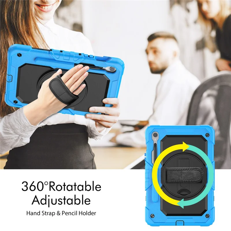 For Samsung Galaxy Tab S10 Lite / S10 FE / S9 FE SM-X510 SM-X516B PC+Silicone Kickstand Tablet Cover with Hand Strap - Black+Blue