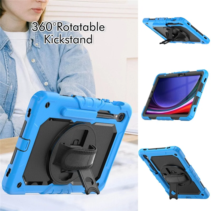 For Samsung Galaxy Tab S10 Lite / S10 FE / S9 FE SM-X510 SM-X516B PC+Silicone Kickstand Tablet Cover with Hand Strap - Black+Blue