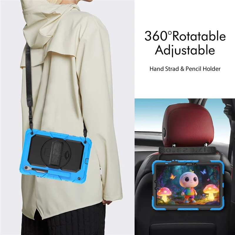 For Samsung Galaxy Tab S10 Lite / S10 FE / S9 FE SM-X510 SM-X516B PC+Silicone Kickstand Tablet Cover with Hand Strap - Black+Blue