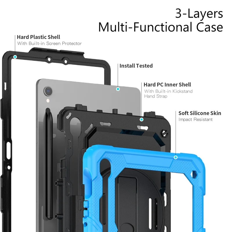 For Samsung Galaxy Tab S10 Lite / S10 FE / S9 FE SM-X510 SM-X516B PC+Silicone Kickstand Tablet Cover with Hand Strap - Black+Blue