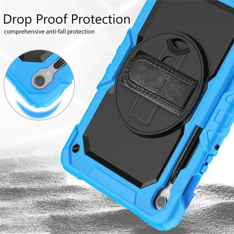 For Samsung Galaxy Tab S10 Lite / S10 FE / S9 FE SM-X510 SM-X516B PC+Silicone Kickstand Tablet Cover with Hand Strap - Black+Blue