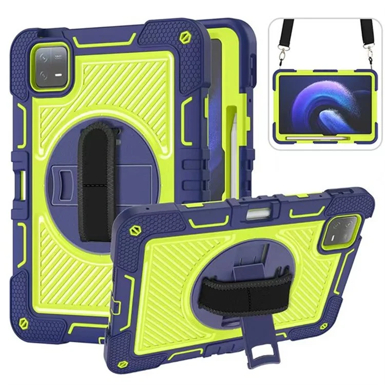 Für Xiaomi Pad 6 / Pad 6 Pro Kickstand-Hülle, stoßabsorbierend, Silikon+PC-Tablet-Tasche mit Schultergurt - Navy Blau+Gelbgrün