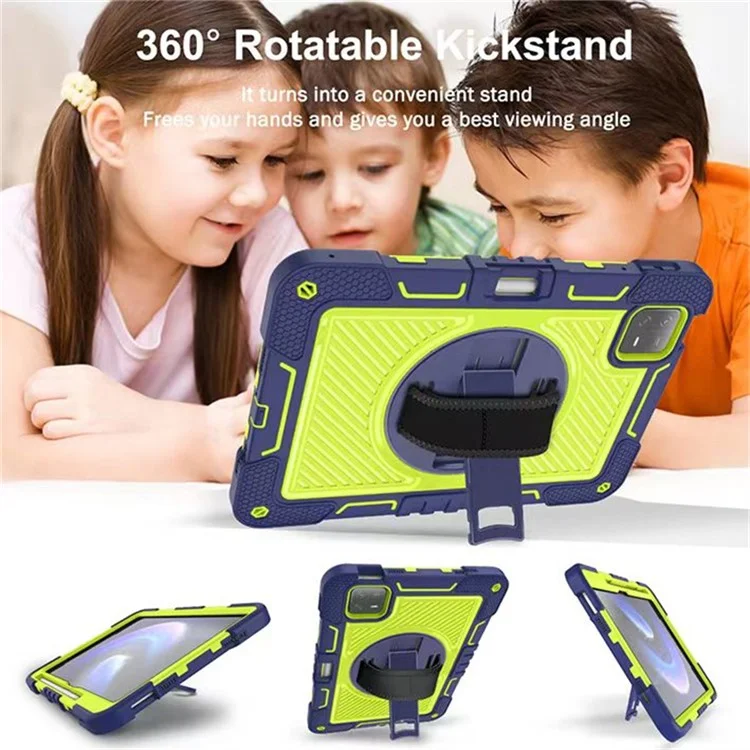 Für Xiaomi Pad 6 / Pad 6 Pro Kickstand-Hülle, stoßabsorbierend, Silikon+PC-Tablet-Tasche mit Schultergurt - Navy Blau+Gelbgrün