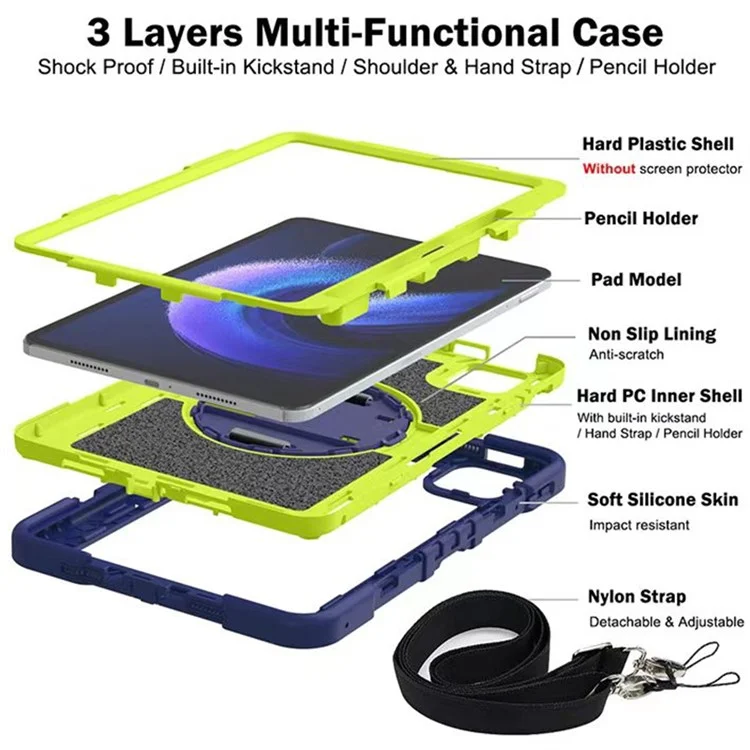 Für Xiaomi Pad 6 / Pad 6 Pro Kickstand-Hülle, stoßabsorbierend, Silikon+PC-Tablet-Tasche mit Schultergurt - Navy Blau+Gelbgrün