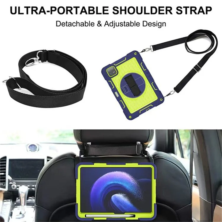 Für Xiaomi Pad 6 / Pad 6 Pro Kickstand-Hülle, stoßabsorbierend, Silikon+PC-Tablet-Tasche mit Schultergurt - Navy Blau+Gelbgrün