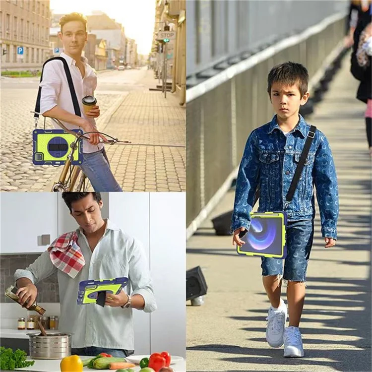 Für Xiaomi Pad 6 / Pad 6 Pro Kickstand-Hülle, stoßabsorbierend, Silikon+PC-Tablet-Tasche mit Schultergurt - Navy Blau+Gelbgrün
