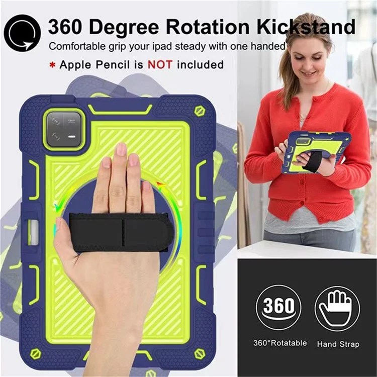 Für Xiaomi Pad 6 / Pad 6 Pro Kickstand-Hülle, stoßabsorbierend, Silikon+PC-Tablet-Tasche mit Schultergurt - Navy Blau+Gelbgrün