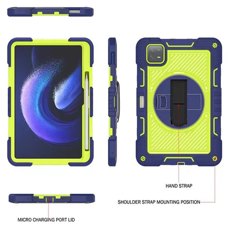 Für Xiaomi Pad 6 / Pad 6 Pro Kickstand-Hülle, stoßabsorbierend, Silikon+PC-Tablet-Tasche mit Schultergurt - Navy Blau+Gelbgrün