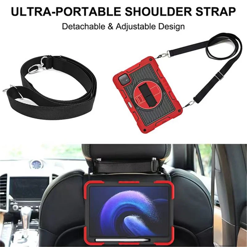 Pour Xiaomi Pad 6 / Pad 6 Pro Kickstand Cover Shock Absorbent Silicone+PC Tablet Case with Shoulder Strap - Red+Black