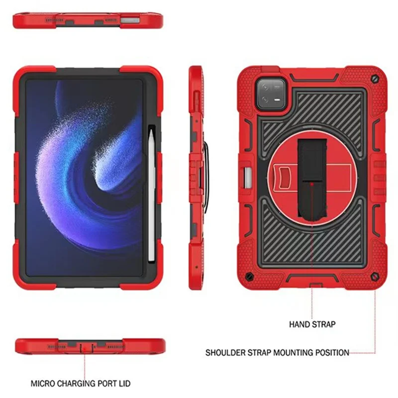 Pour Xiaomi Pad 6 / Pad 6 Pro Kickstand Cover Shock Absorbent Silicone+PC Tablet Case with Shoulder Strap - Red+Black