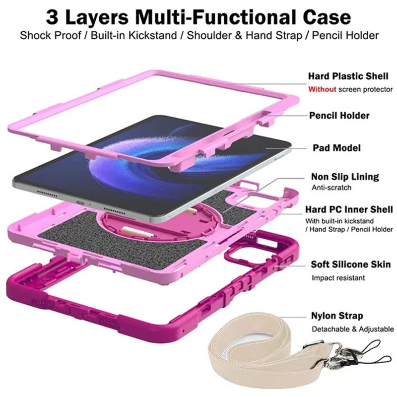 For Xiaomi Pad 6 / Pad 6 Pro Kickstand Cover Shock Absorbent Silicone+PC Tablet Case with Shoulder Strap - Rose+Pink