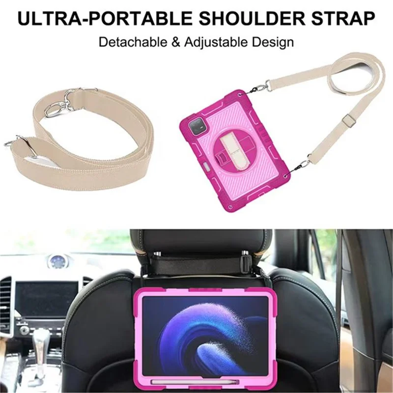 For Xiaomi Pad 6 / Pad 6 Pro Kickstand Cover Shock Absorbent Silicone+PC Tablet Case with Shoulder Strap - Rose+Pink