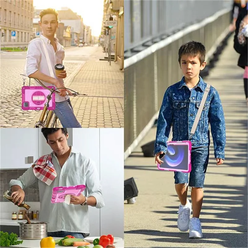 For Xiaomi Pad 6 / Pad 6 Pro Kickstand Cover Shock Absorbent Silicone+PC Tablet Case with Shoulder Strap - Rose+Pink