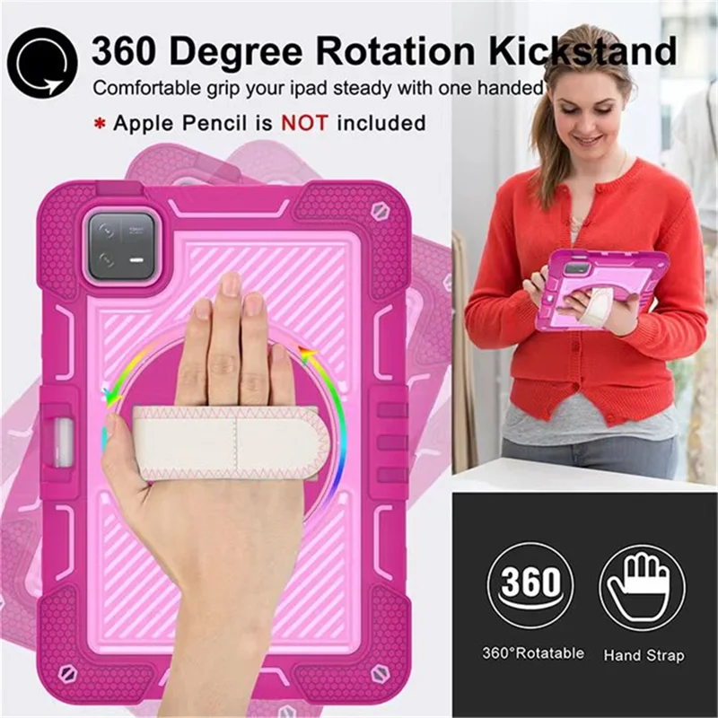 For Xiaomi Pad 6 / Pad 6 Pro Kickstand Cover Shock Absorbent Silicone+PC Tablet Case with Shoulder Strap - Rose+Pink