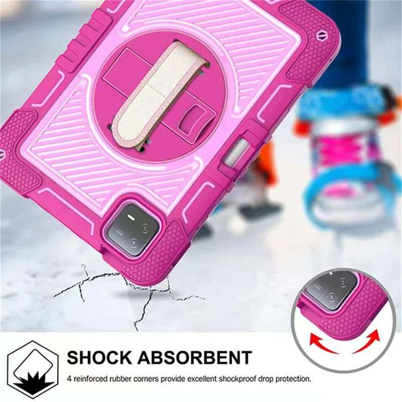For Xiaomi Pad 6 / Pad 6 Pro Kickstand Cover Shock Absorbent Silicone+PC Tablet Case with Shoulder Strap - Rose+Pink