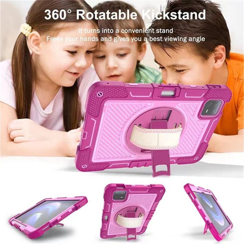 For Xiaomi Pad 6 / Pad 6 Pro Kickstand Cover Shock Absorbent Silicone+PC Tablet Case with Shoulder Strap - Rose+Pink