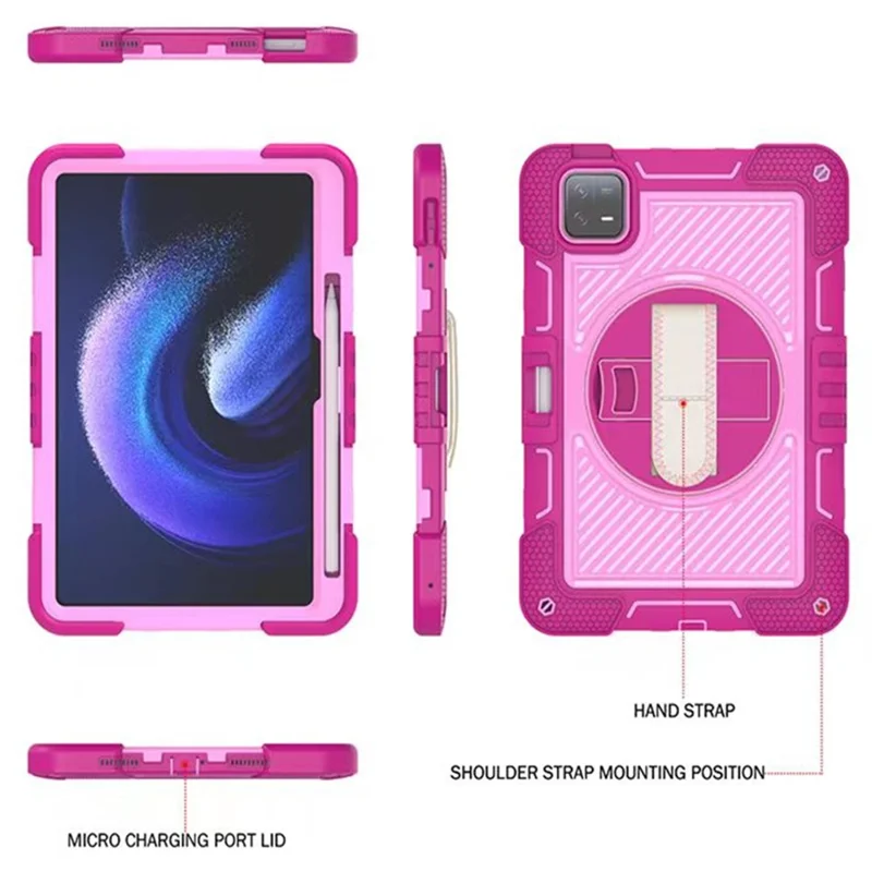 For Xiaomi Pad 6 / Pad 6 Pro Kickstand Cover Shock Absorbent Silicone+PC Tablet Case with Shoulder Strap - Rose+Pink