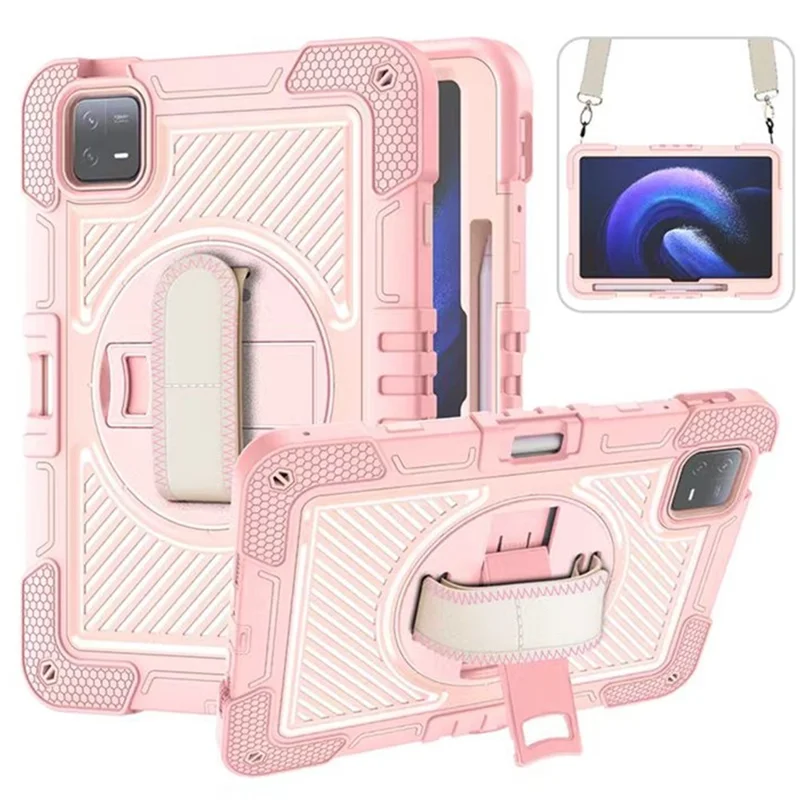 Standdæksel til Xiaomi Pad 6 / Pad 6 Pro, støddæmpende tablettilfælde i silikone+PC med skulderrem – lyserose