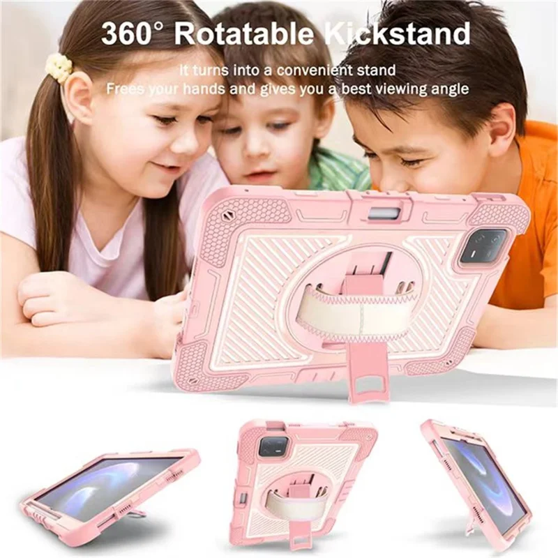 Standdæksel til Xiaomi Pad 6 / Pad 6 Pro, støddæmpende tablettilfælde i silikone+PC med skulderrem – lyserose
