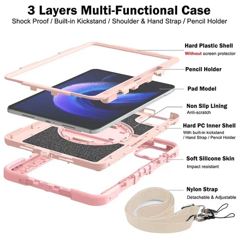 Standdæksel til Xiaomi Pad 6 / Pad 6 Pro, støddæmpende tablettilfælde i silikone+PC med skulderrem – lyserose
