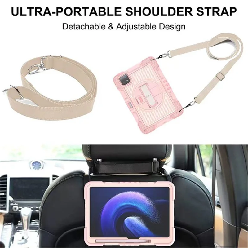 Standdæksel til Xiaomi Pad 6 / Pad 6 Pro, støddæmpende tablettilfælde i silikone+PC med skulderrem – lyserose