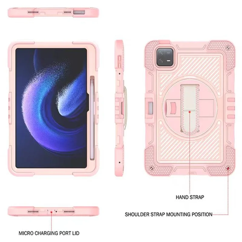 Standdæksel til Xiaomi Pad 6 / Pad 6 Pro, støddæmpende tablettilfælde i silikone+PC med skulderrem – lyserose