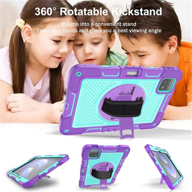 For Xiaomi Pad 6 / Pad 6 Pro Kickstand Cover Shock Absorbent Silicone+PC Tablet Case with Shoulder Strap - Purple+Mint Green