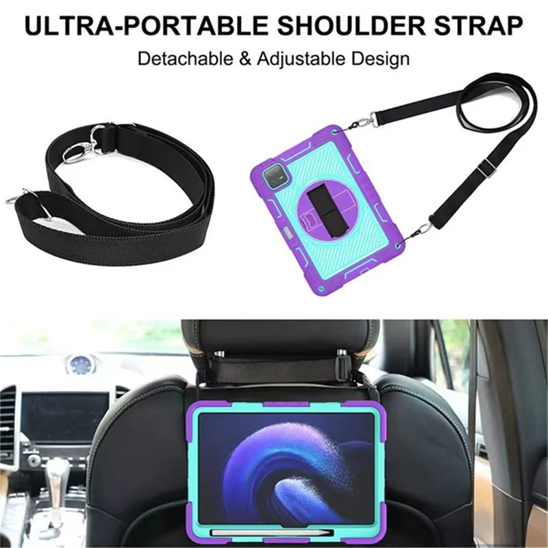 For Xiaomi Pad 6 / Pad 6 Pro Kickstand Cover Shock Absorbent Silicone+PC Tablet Case with Shoulder Strap - Purple+Mint Green
