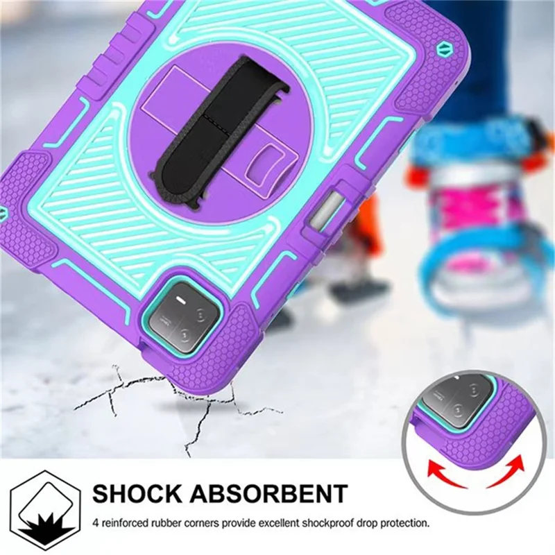 For Xiaomi Pad 6 / Pad 6 Pro Kickstand Cover Shock Absorbent Silicone+PC Tablet Case with Shoulder Strap - Purple+Mint Green