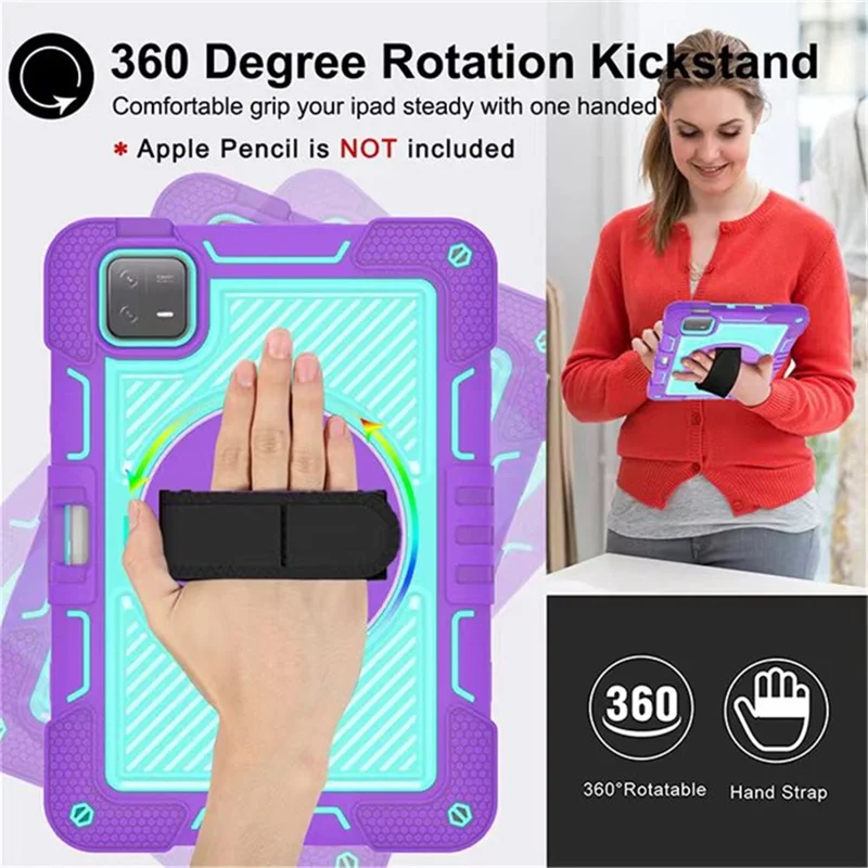 For Xiaomi Pad 6 / Pad 6 Pro Kickstand Cover Shock Absorbent Silicone+PC Tablet Case with Shoulder Strap - Purple+Mint Green