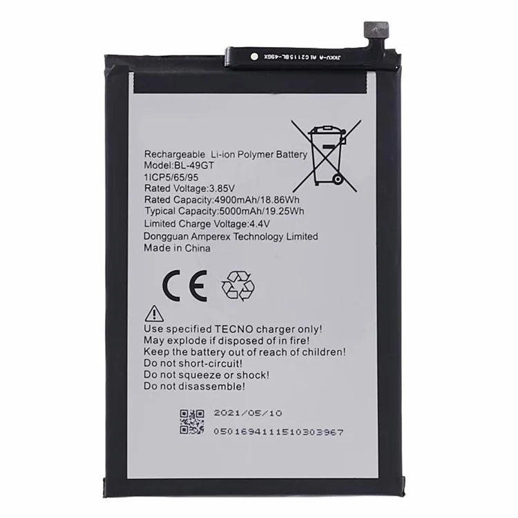 Para Tecno Camon 17 4G 3.85V 4900mah Polimador de Iones de Litio Parte de la Batería (codificación: BL-49GT)