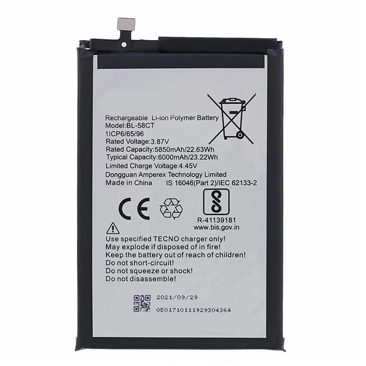 Für TECNO Spark 7 4G / 7T 4G 3,87 V 5850 mAh Li-Ionen-Polymer-Akku-Baugruppe (Encode: BL-58CT)