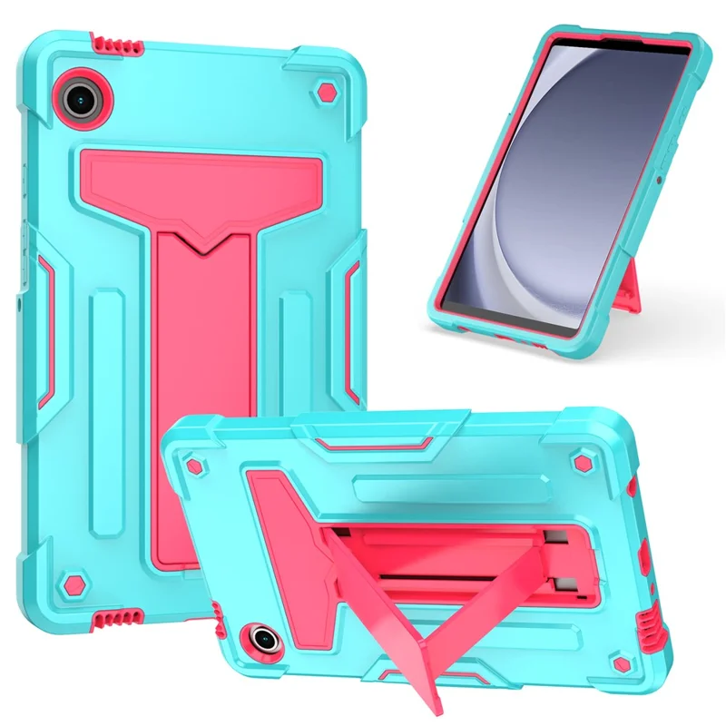 For Samsung Galaxy Tab A9 PC+Silicone Case T-Shaped Kickstand Protective Tablet Cover - Mint Green / Rose